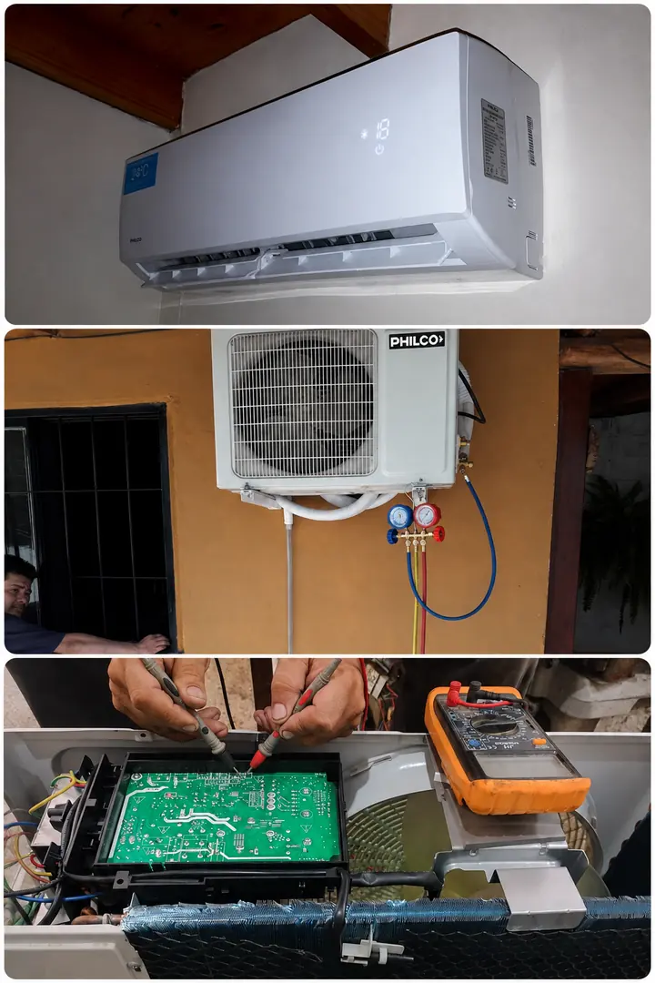 Split Philco instalado, unidad exterior con manómetros durante la carga de gas y placa electrónica medida con tester.