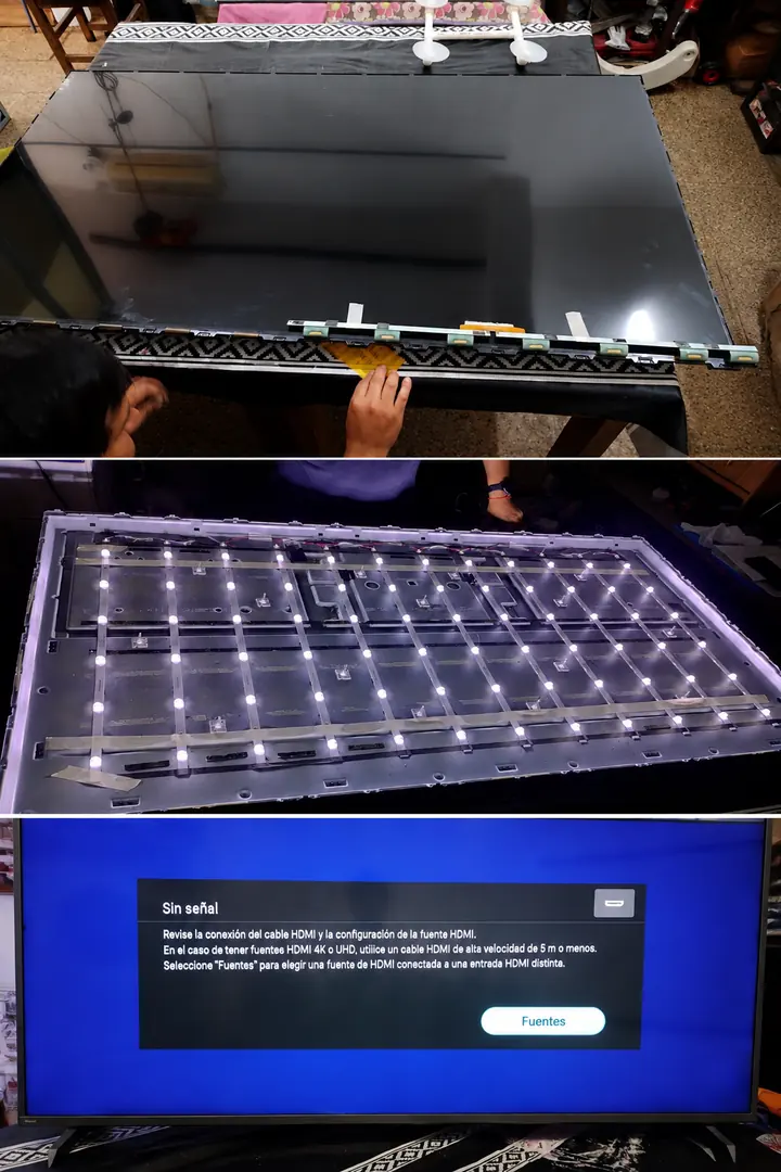 Panel de un televisor apoyado con las tiras de LED al descubierto, prueba de backlight encendido y el televisor ya funcionando.